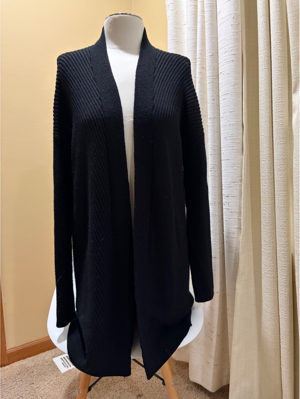 Athleta black openfront long cardigan XS 42% Merino Extra Fine Wool shawl collar